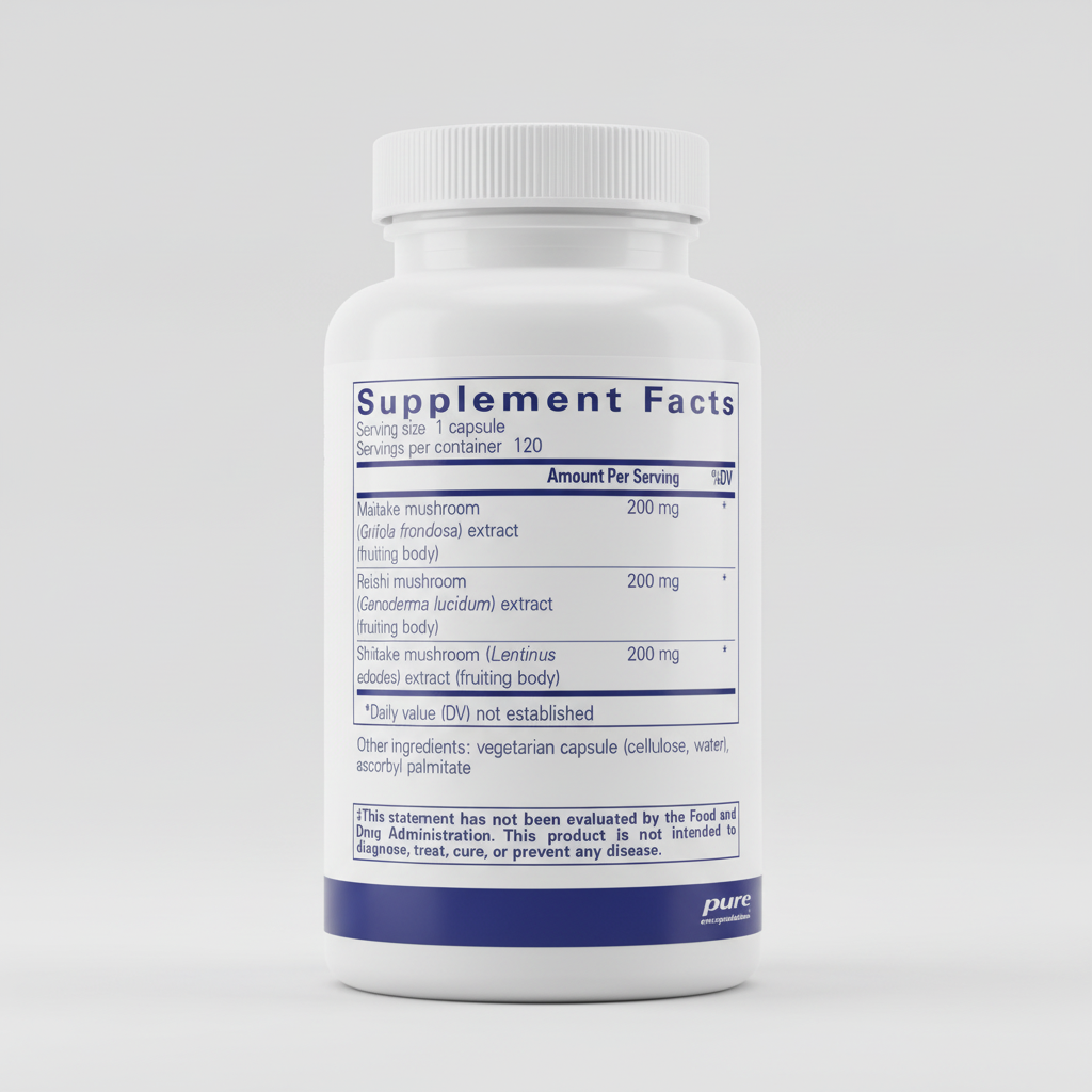 Supplement facts label for a mushroom extract product with pure encapsulations branding.