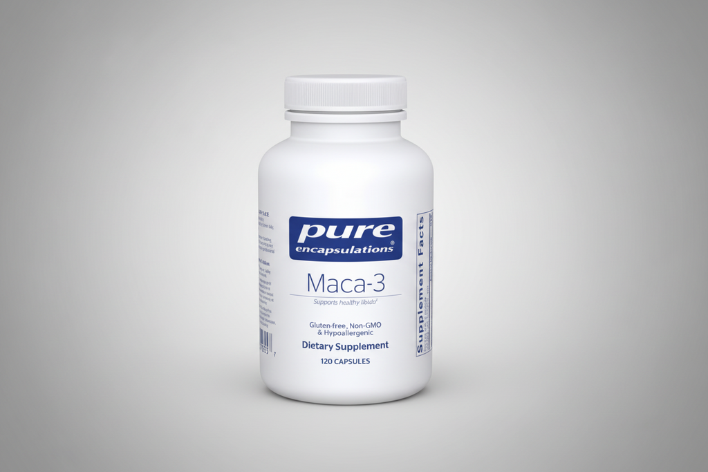 White supplement bottle labeled 'pure encapsulations Maca-3' on a white background