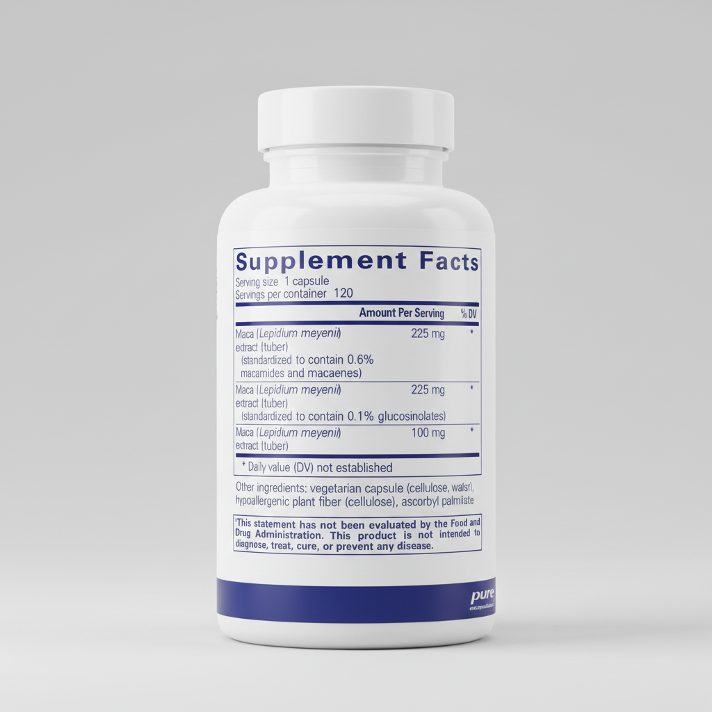 Supplement facts label for Maca extract with serving size and container details.