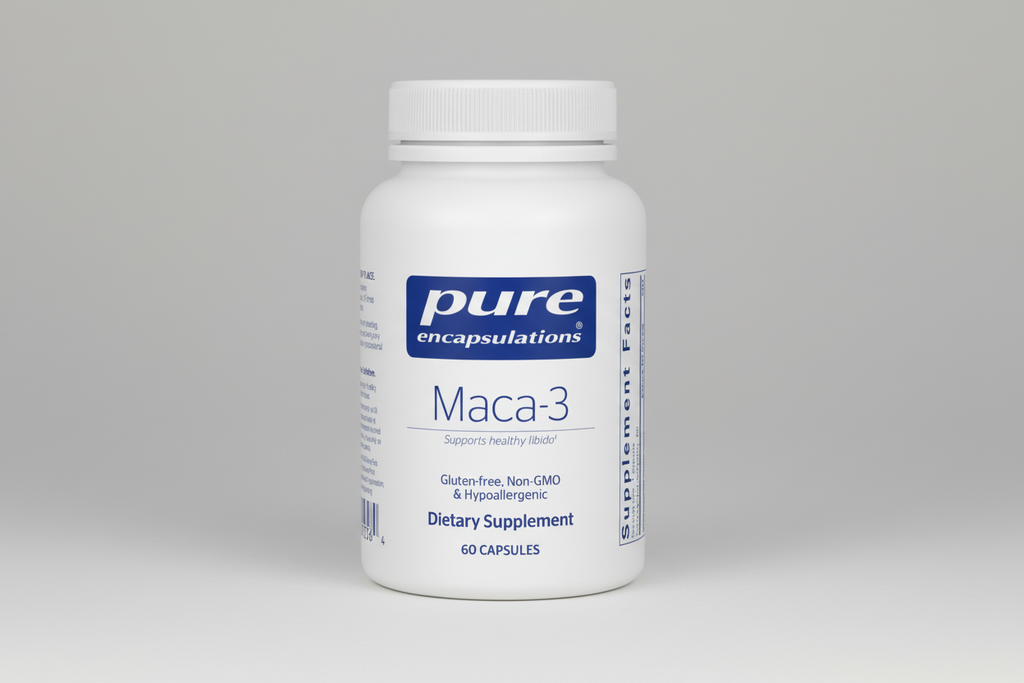 Supplement bottle labeled 'Maca-3' by Pure Encapsulations on a white background