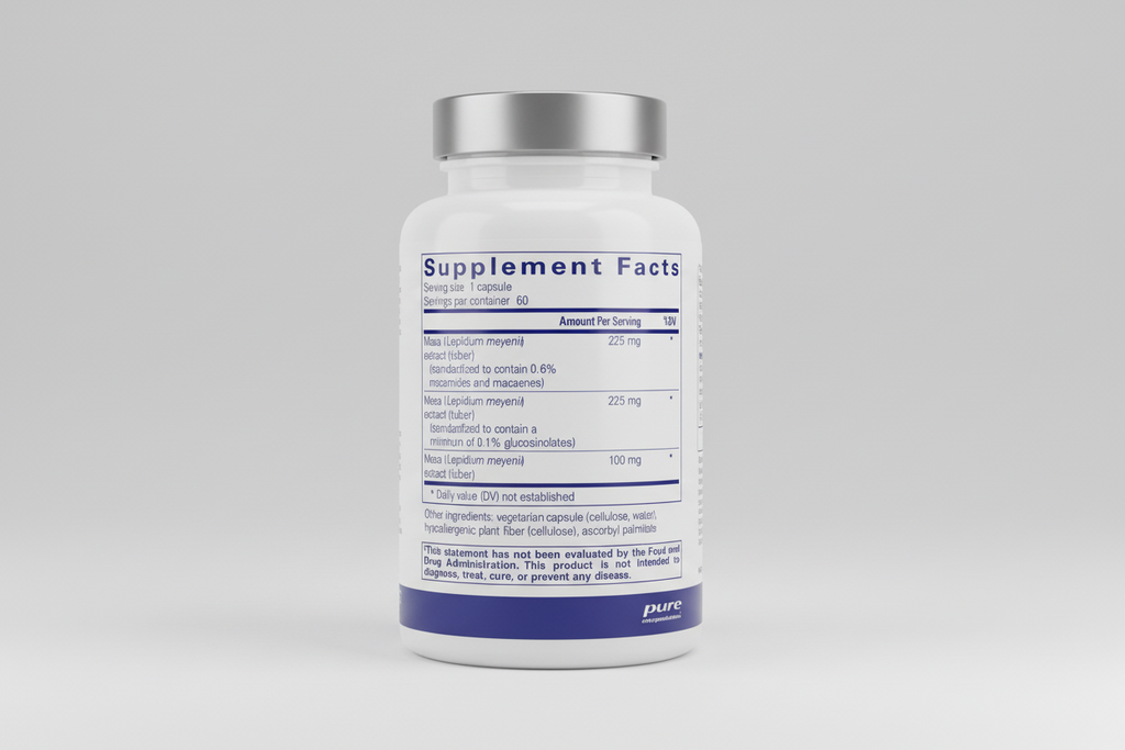 Supplement facts label for Maca extract with serving size and container details.