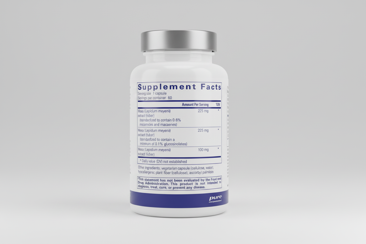 Supplement facts label for Maca extract with serving size and container details.
