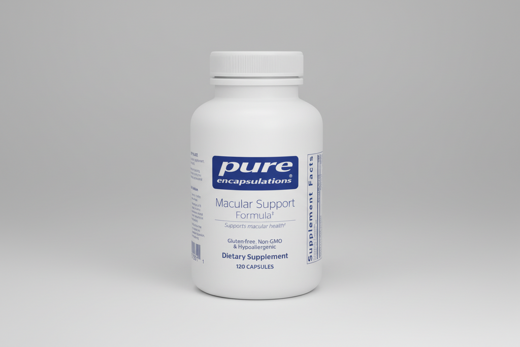 White supplement bottle labeled 'pure encapsulations Macular Support Formula' on a white background