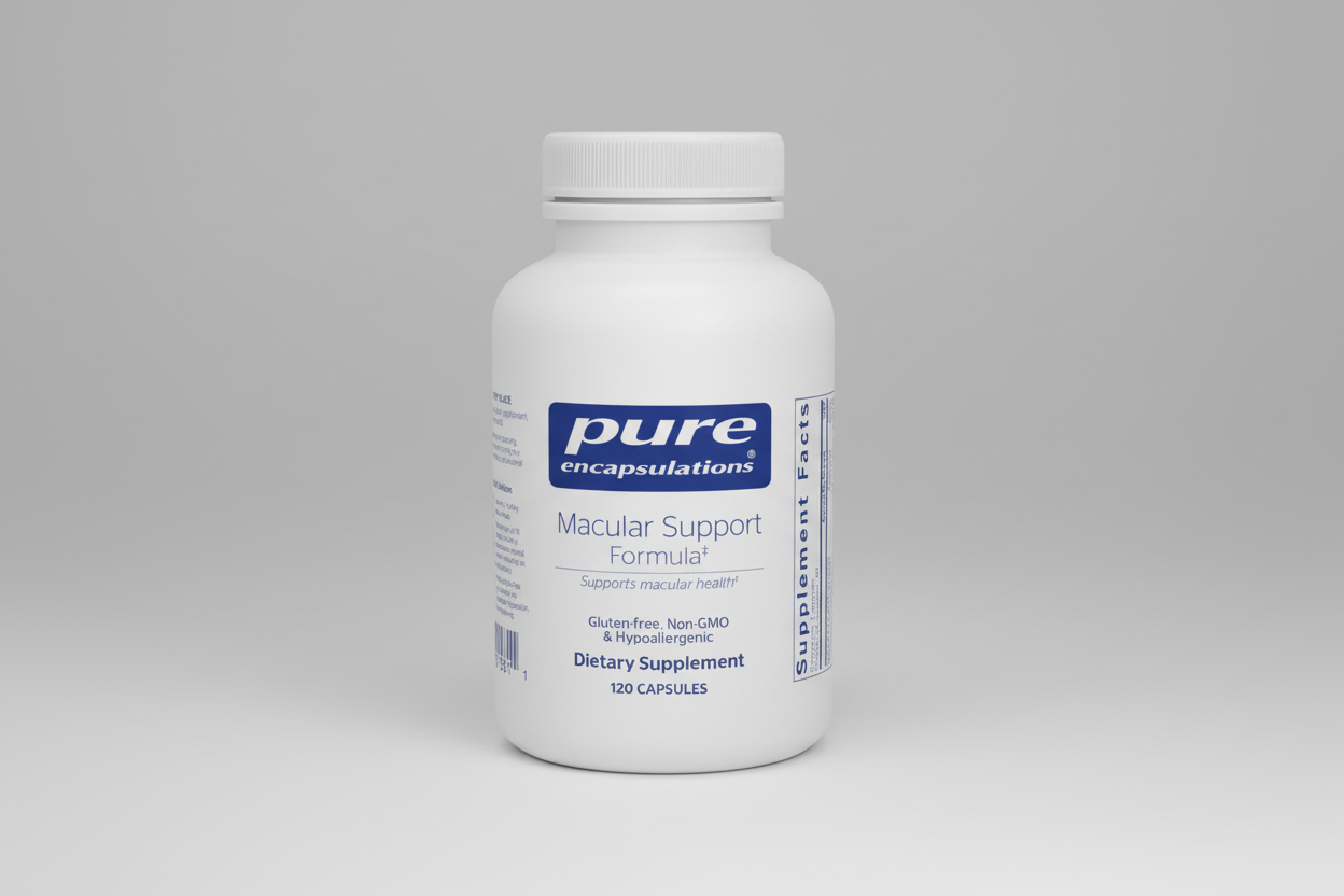 White supplement bottle labeled 'pure encapsulations Macular Support Formula' on a white background