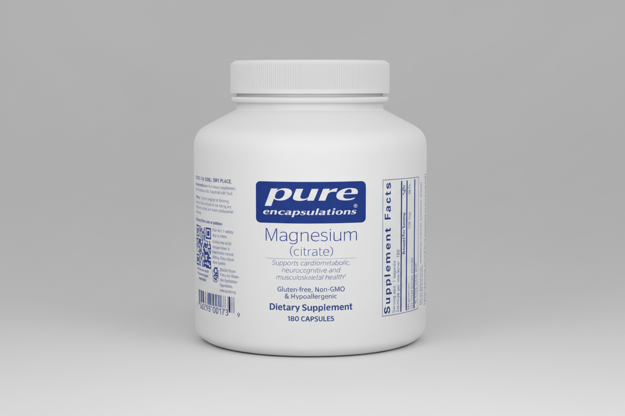 White supplement container labeled 'pure encapsulations Magnesium (citrate)' on a white background
