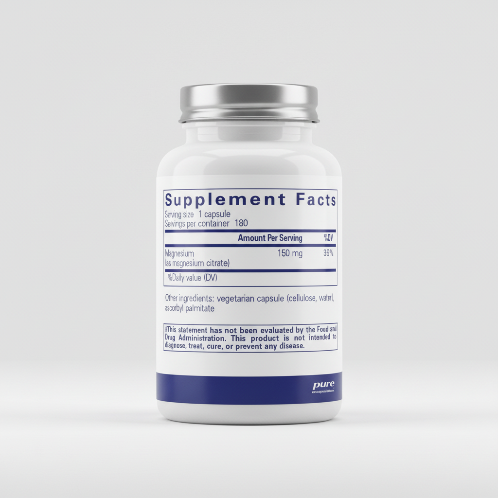 Supplement facts label for magnesium citrate capsules with pure encapsulations branding.