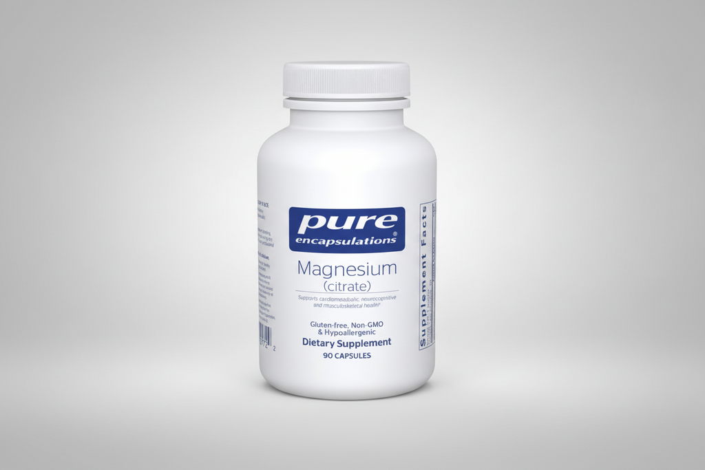 White supplement bottle labeled 'pure encapsulations Magnesium (citrate)' on a white background