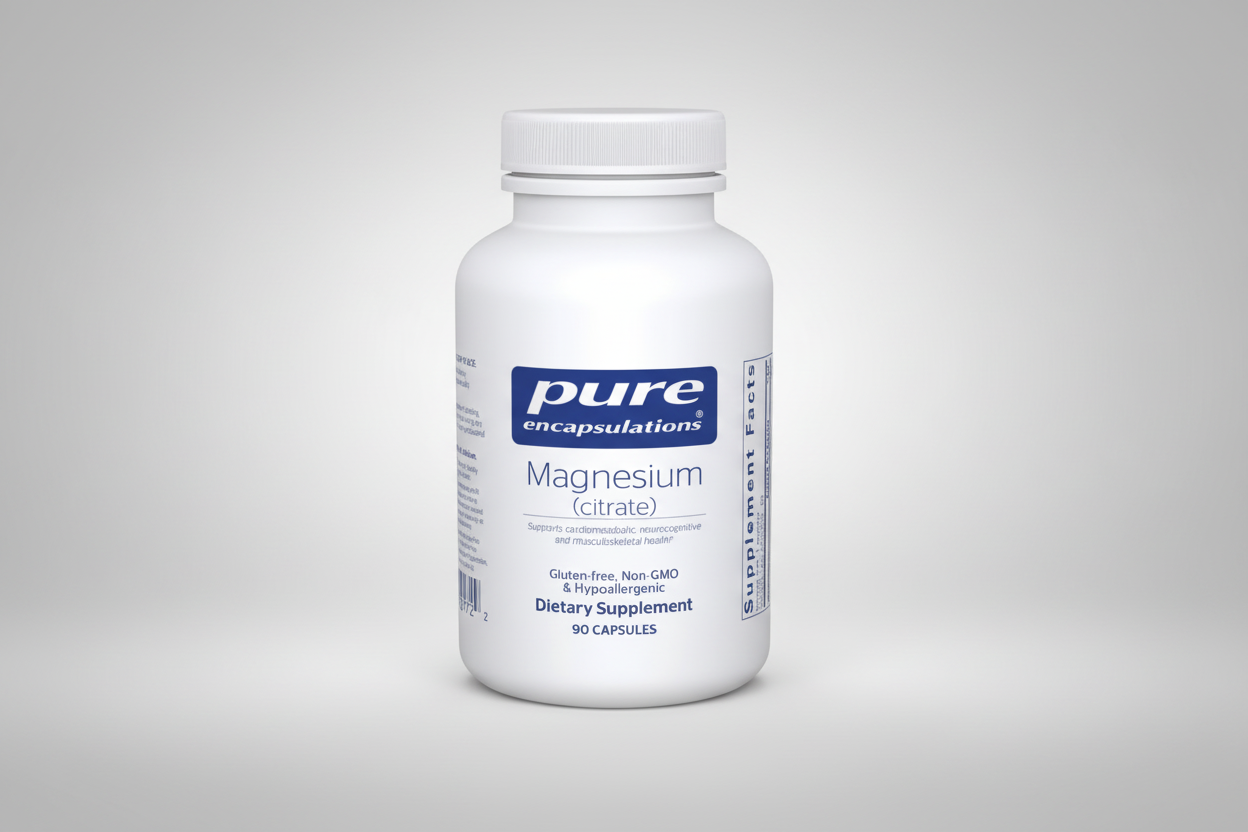 White supplement bottle labeled 'pure encapsulations Magnesium (citrate)' on a white background