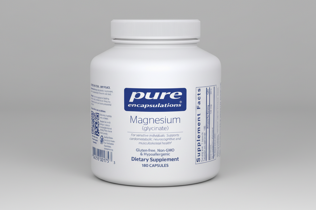 White supplement container labeled 'pure encapsulations Magnesium (glycinate)' on a white background