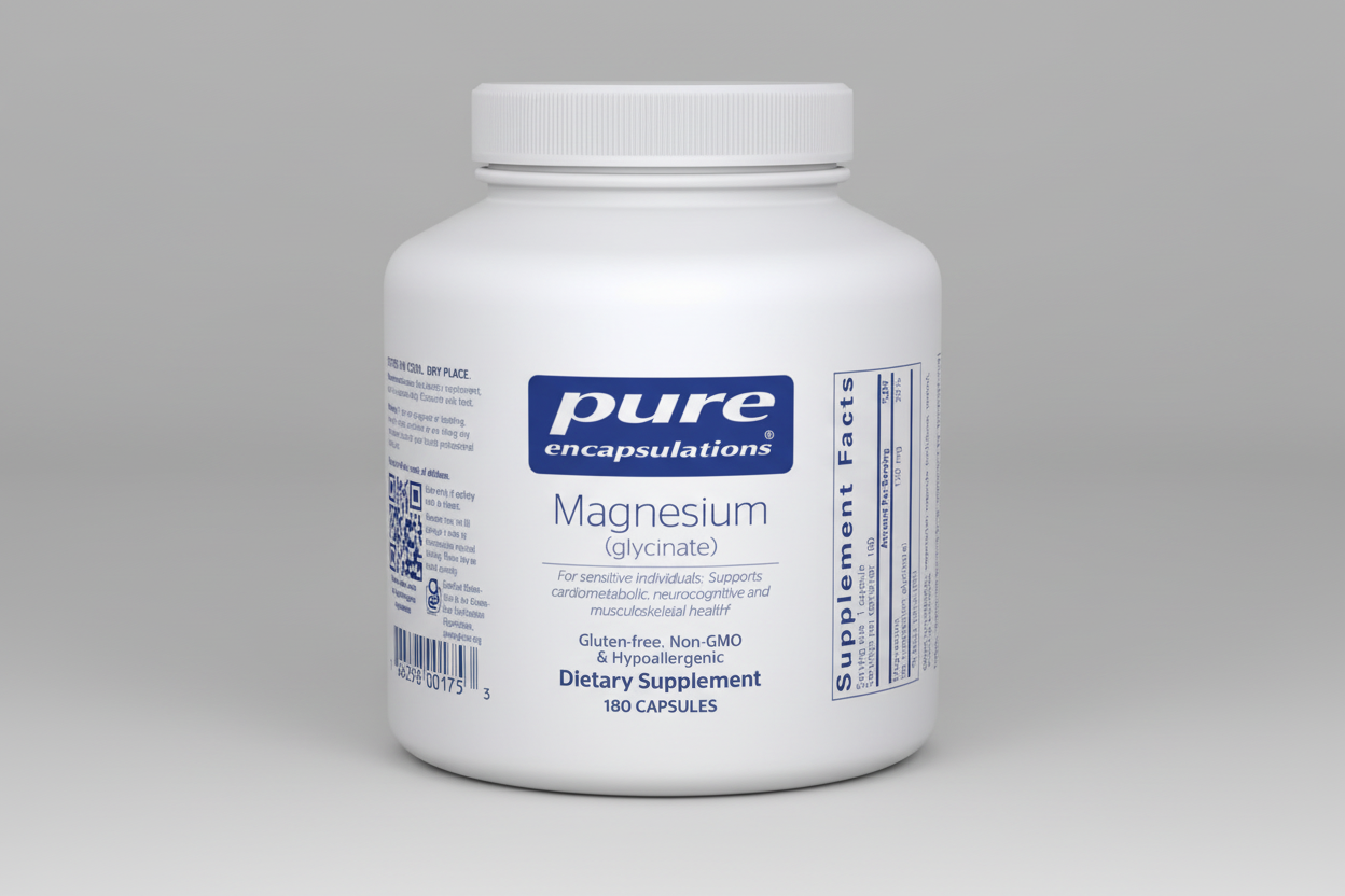 White supplement container labeled 'pure encapsulations Magnesium (glycinate)' on a white background