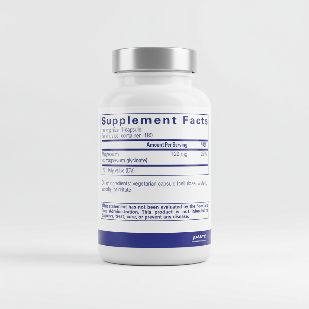 Supplement facts label for magnesium supplement with serving size and container details.