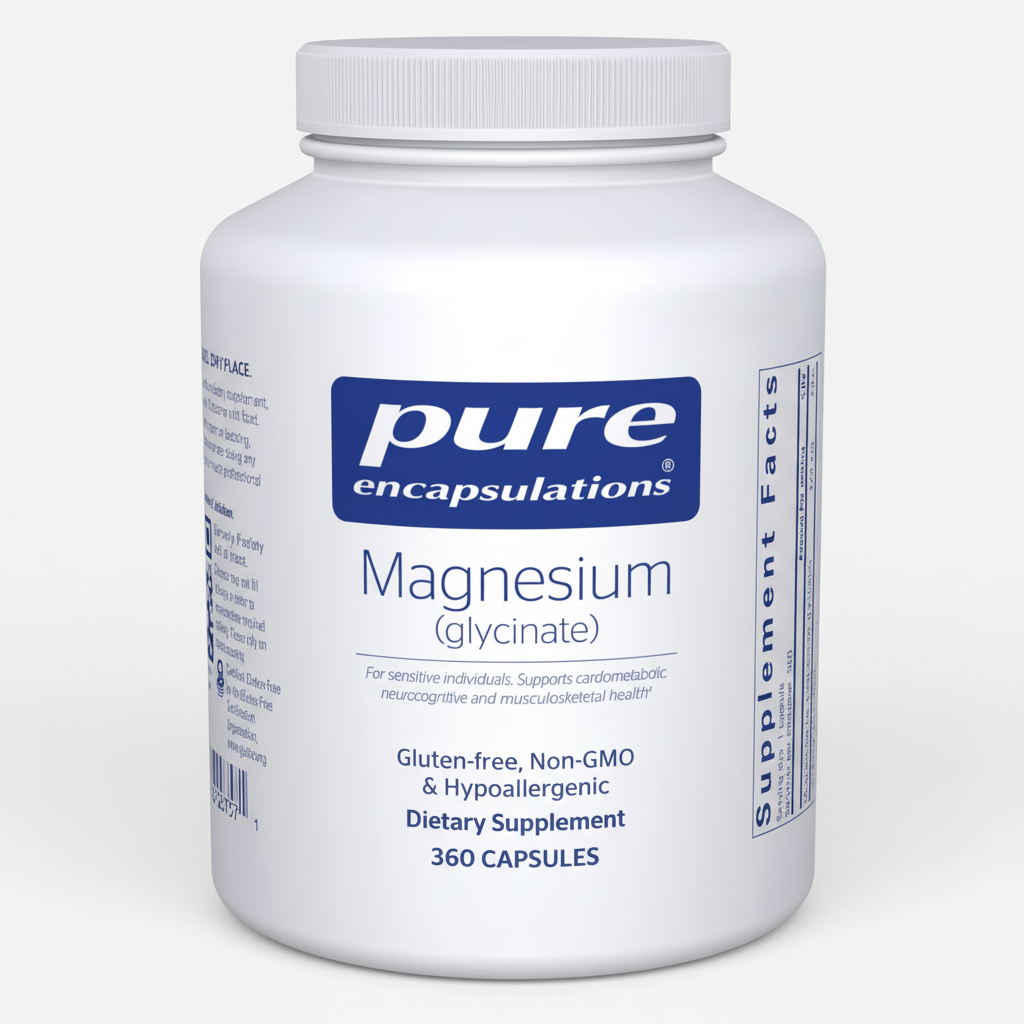 Supplement bottle labeled 'pure encapsulations Magnesium (glycinate)' on a white background