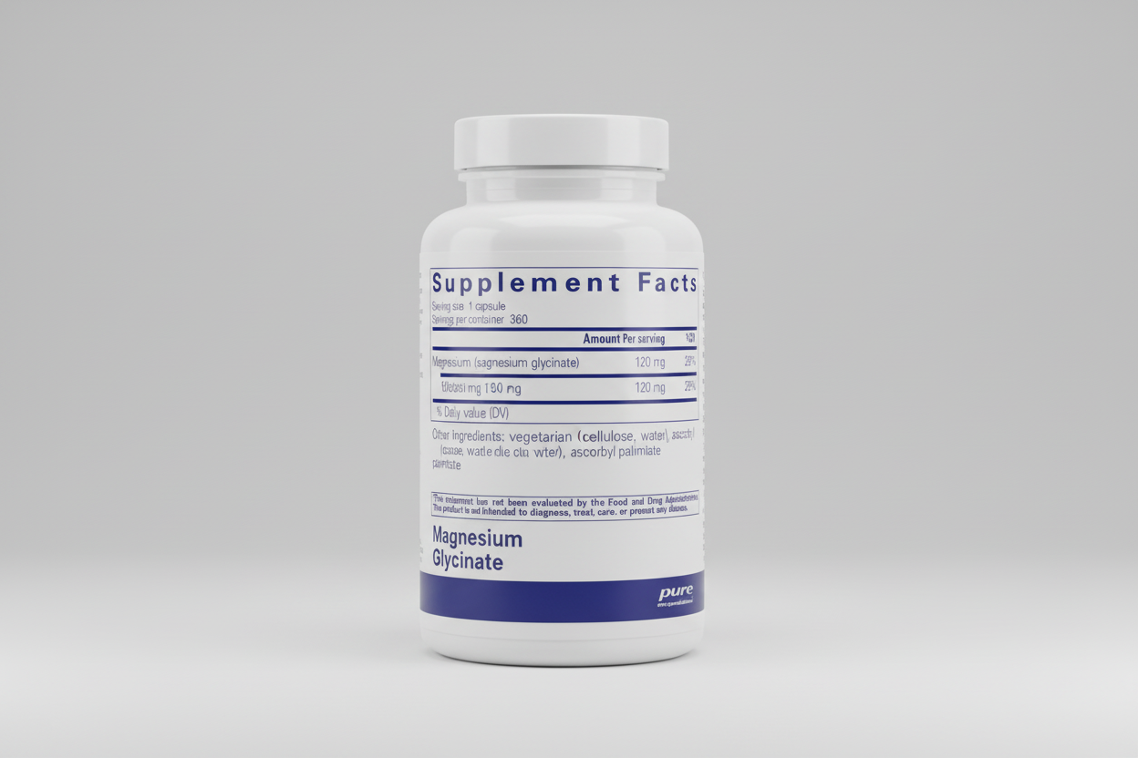 Supplement facts label for magnesium supplement with 'pure encapsulations' branding.