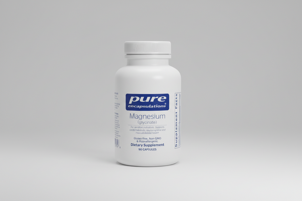 White supplement bottle labeled 'pure encapsulations Magnesium (glycinate)' on a white background