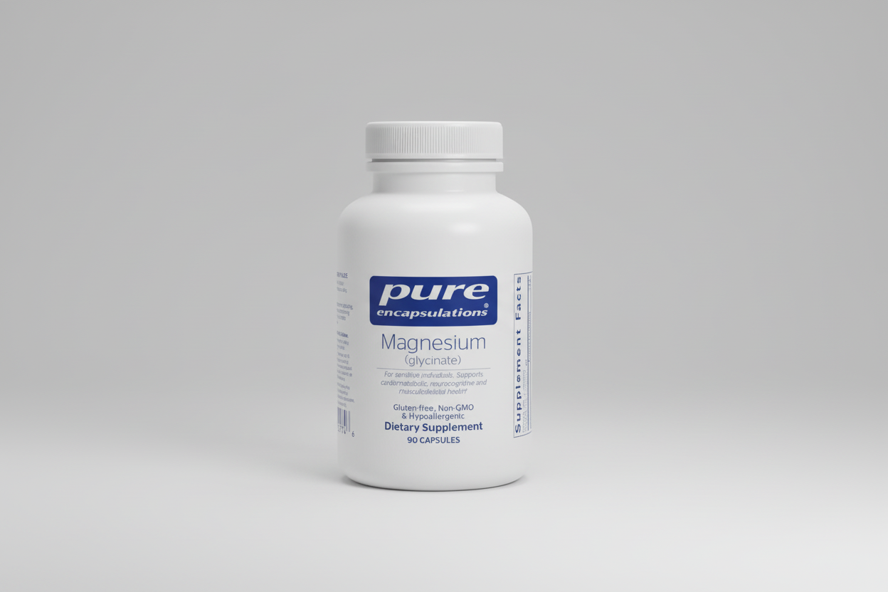 White supplement bottle labeled 'pure encapsulations Magnesium (glycinate)' on a white background