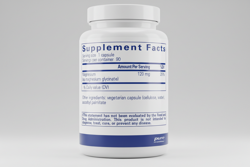 Supplement facts label for magnesium supplement with pure encapsulations branding.