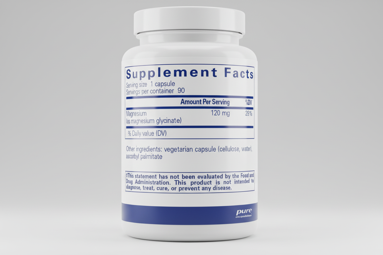 Supplement facts label for magnesium supplement with pure encapsulations branding.