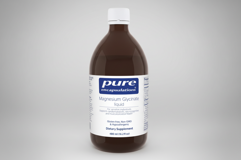 Bottle of pure encapsulations Magnesium Glycinate liquid on a white background