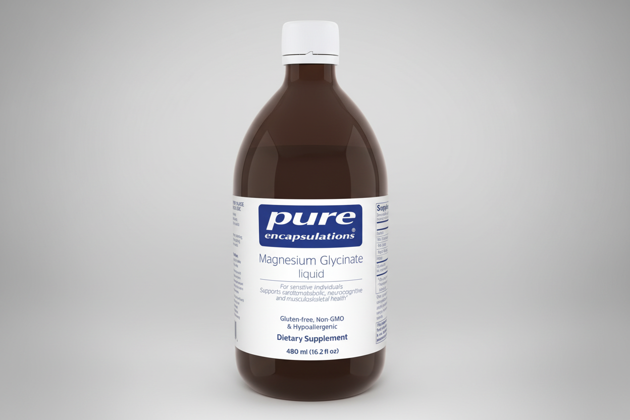 Bottle of pure encapsulations Magnesium Glycinate liquid on a white background