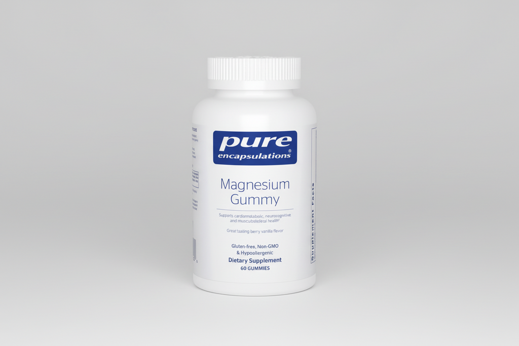 White bottle of pure encapsulations Magnesium Gummy supplement on a white background
