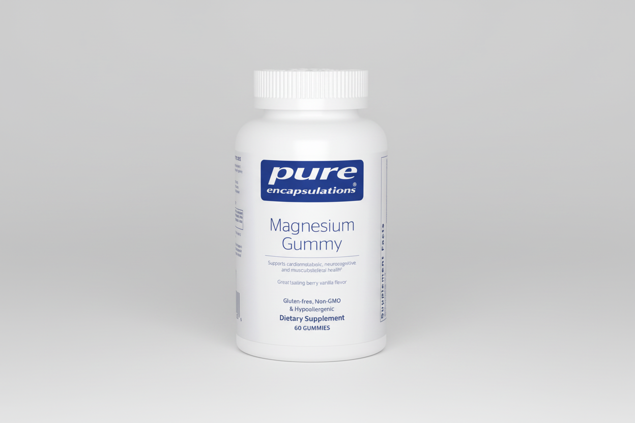 White bottle of pure encapsulations Magnesium Gummy supplement on a white background