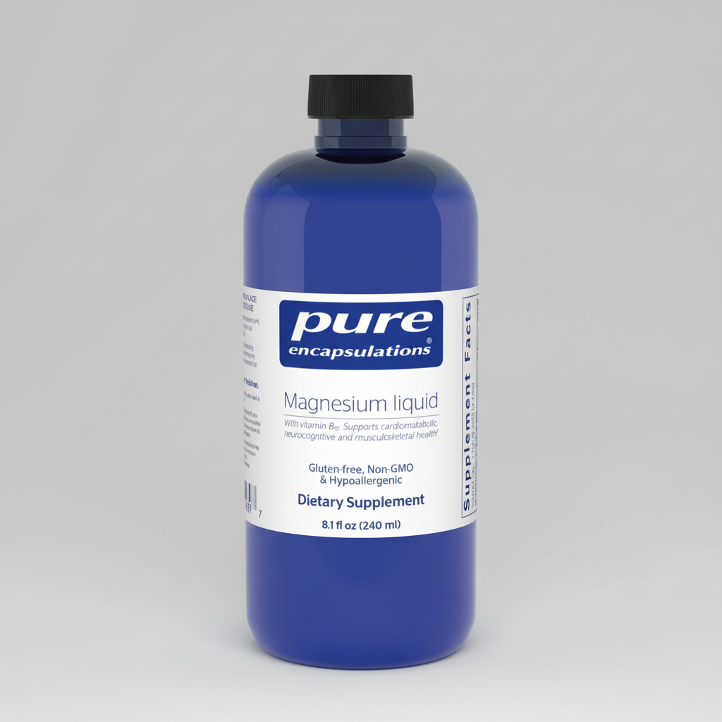 Blue bottle of pure encapsulations magnesium liquid supplement on a white background