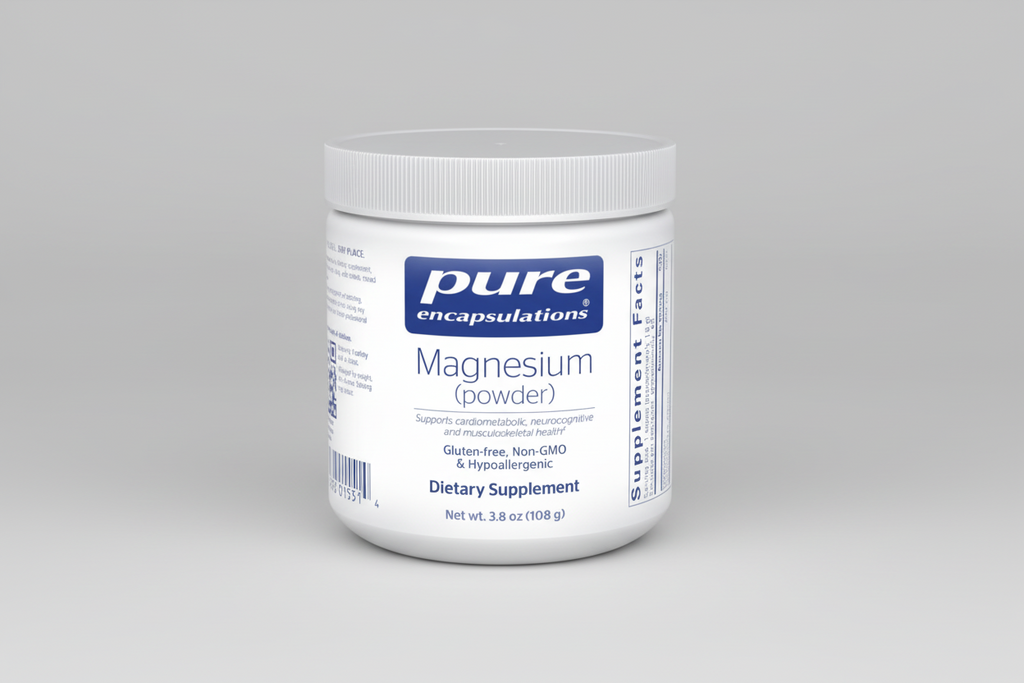 Container of pure encapsulations magnesium powder on a white background
