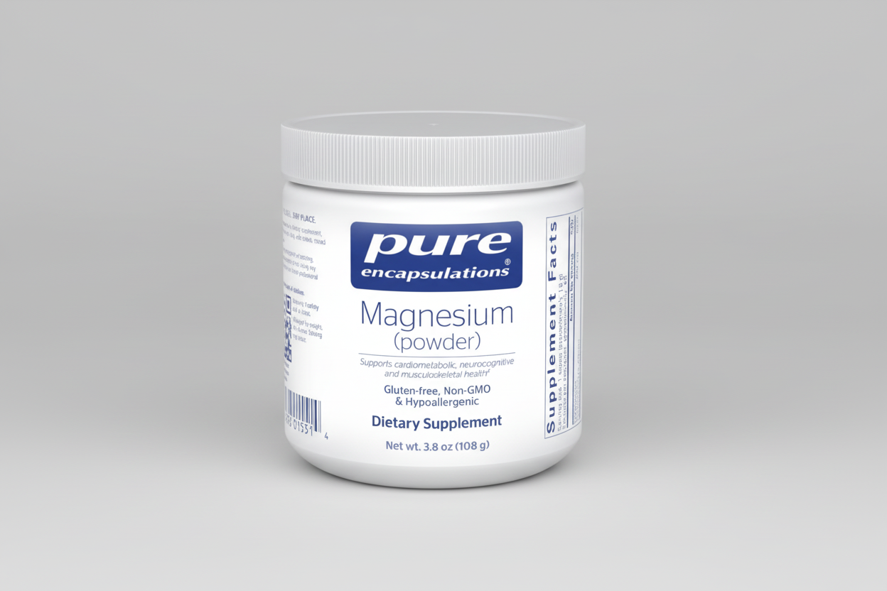 Container of pure encapsulations magnesium powder on a white background
