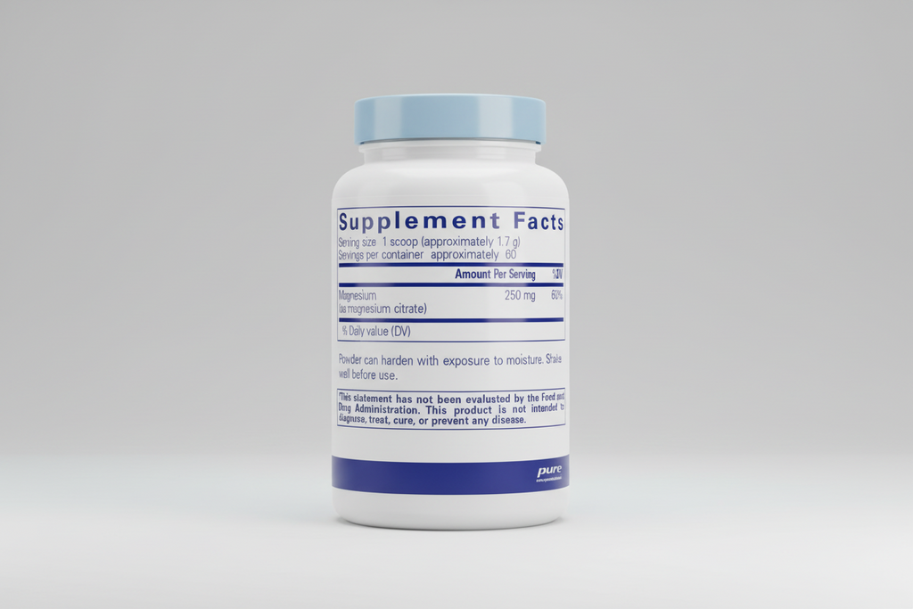 Supplement facts label for magnesium citrate with serving size, servings per container, and product details.