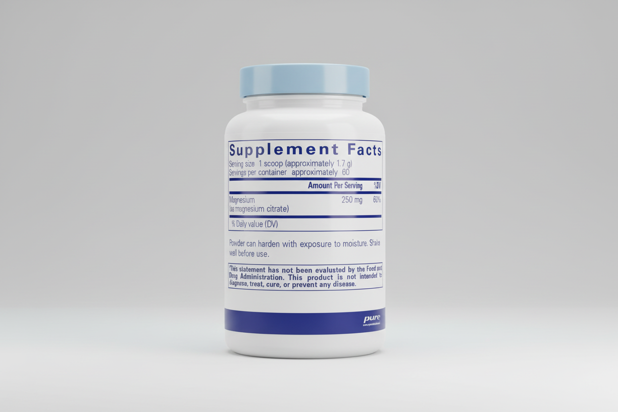 Supplement facts label for magnesium citrate with serving size, servings per container, and product details.