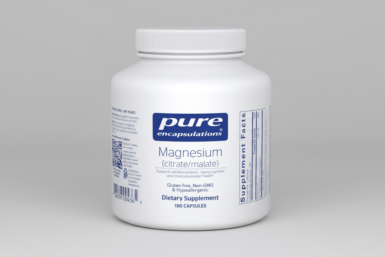 White supplement bottle labeled 'pure encapsulations' with magnesium supplement details on a white background