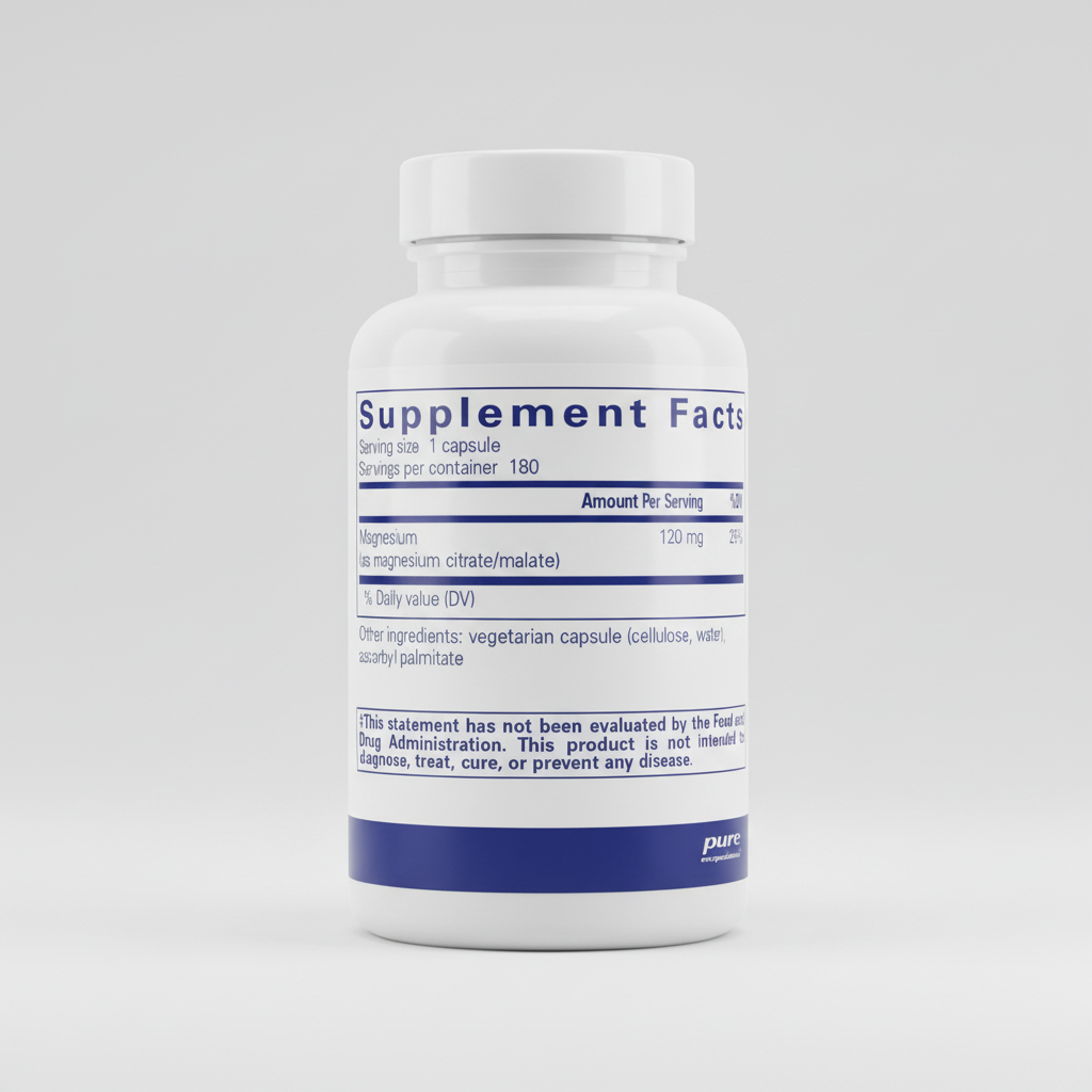 Supplement facts label for magnesium supplement with pure encapsulations branding.