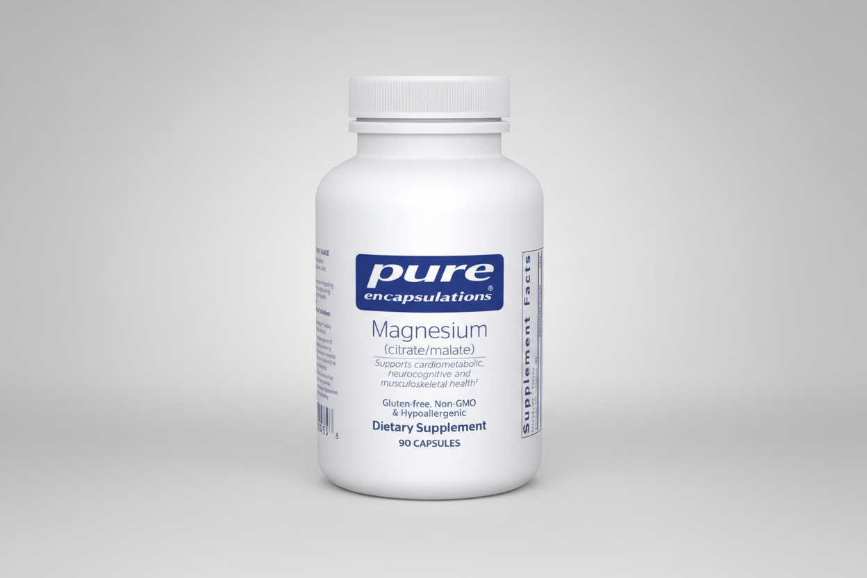 White supplement bottle labeled 'pure encapsulations Magnesium' on a white background