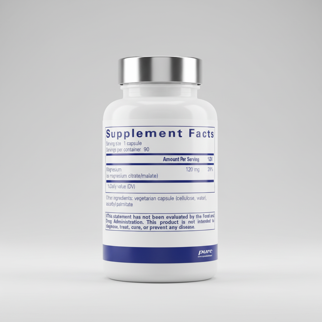 Supplement facts label for magnesium supplement with 'pure encapsulations' branding.