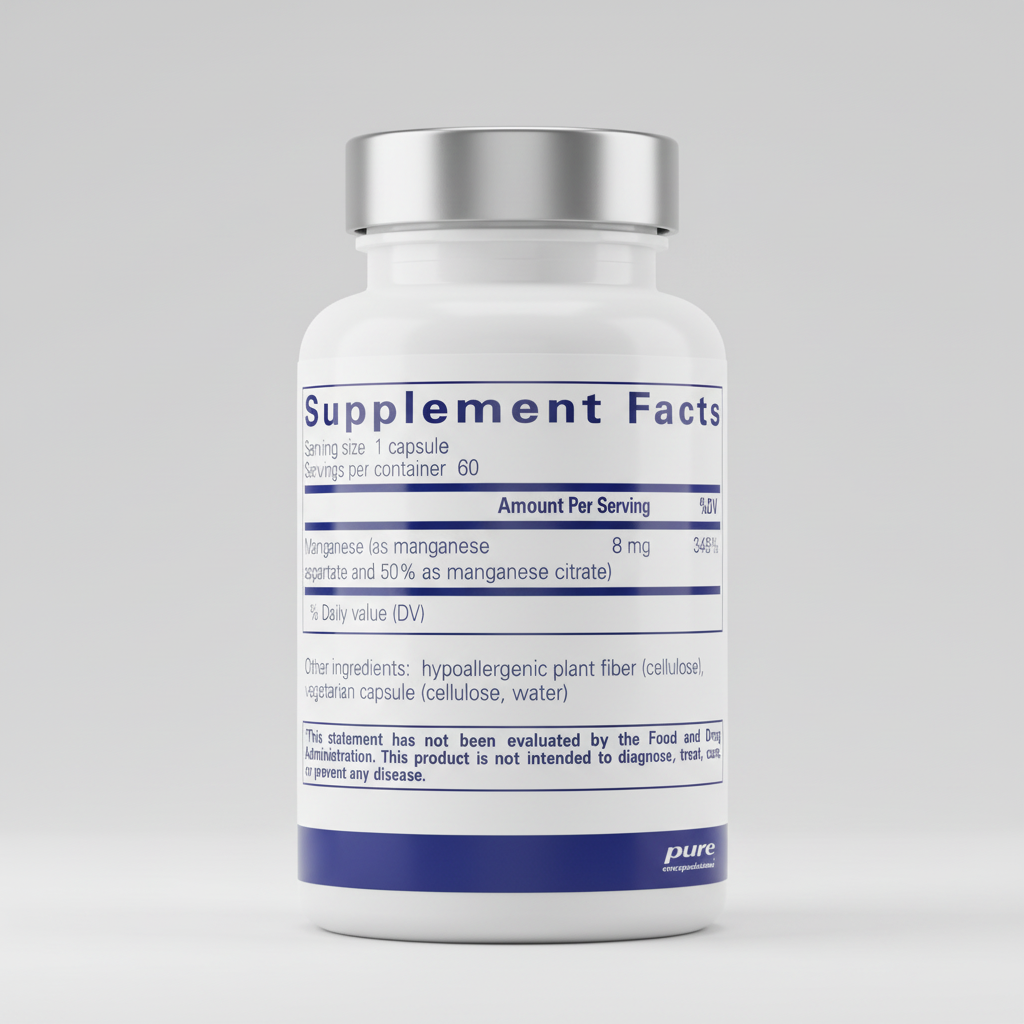Supplement facts label for a manganese supplement with serving size, servings per container, and ingredient information.