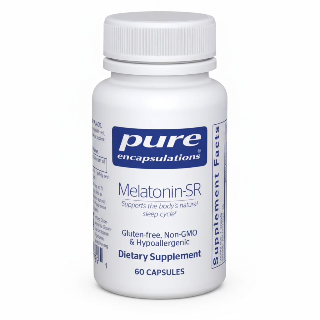 Bottle of pure encapsulations Melatonin-SR dietary supplement on a white background