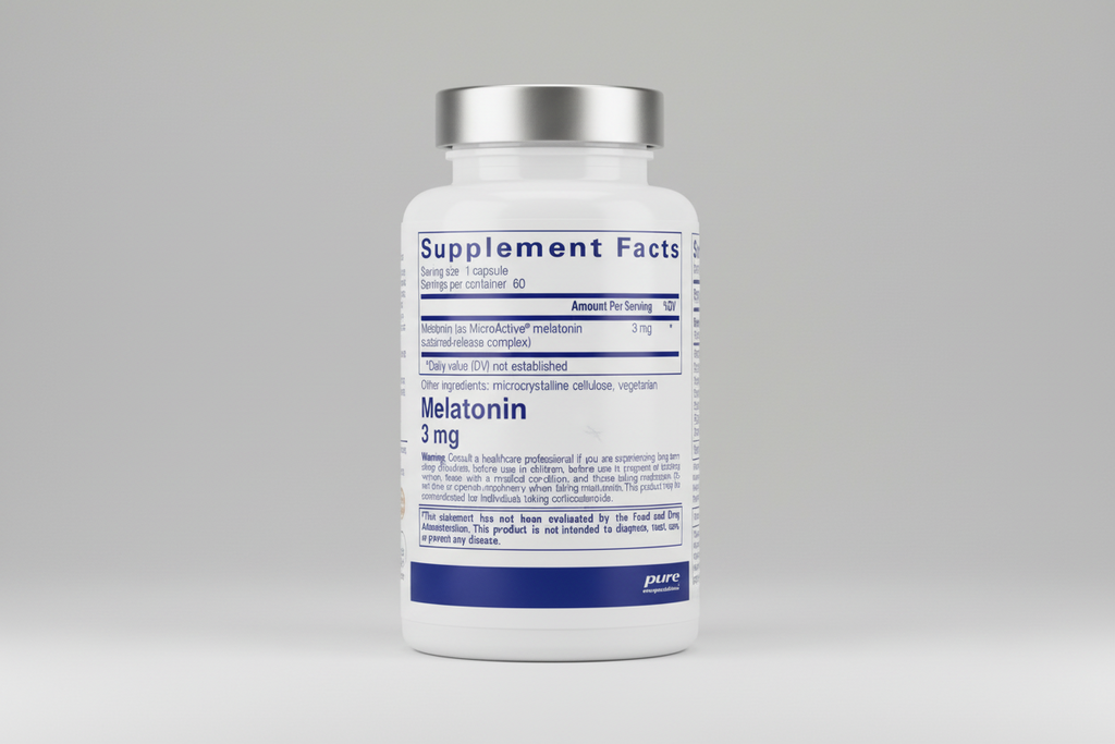 Supplement facts label for Melatonin with serving size, servings per container, and ingredient list.