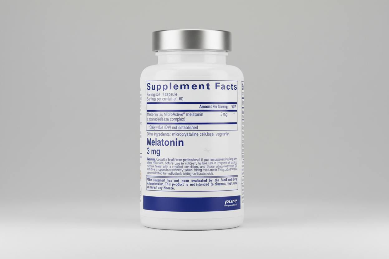 Supplement facts label for Melatonin with serving size, servings per container, and ingredient list.