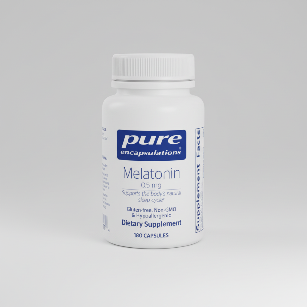 Bottle of pure encapsulations Melatonin dietary supplement on a white background
