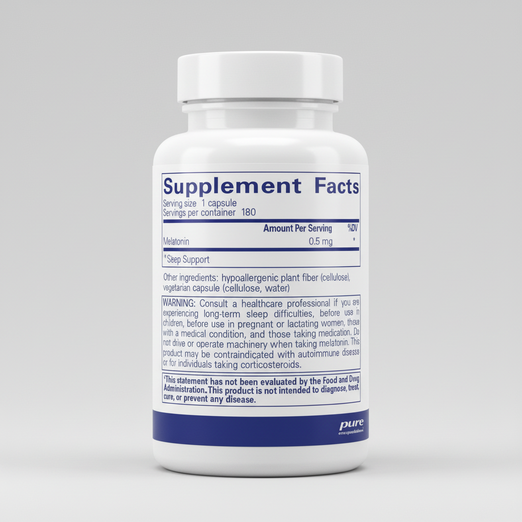 Supplement facts label for a melatonin product with serving size, servings per container, and warning information.