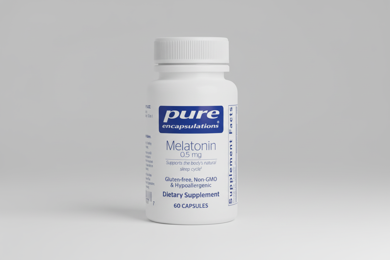 Bottle of pure encapsulations Melatonin 0.5 mg dietary supplement on a white background