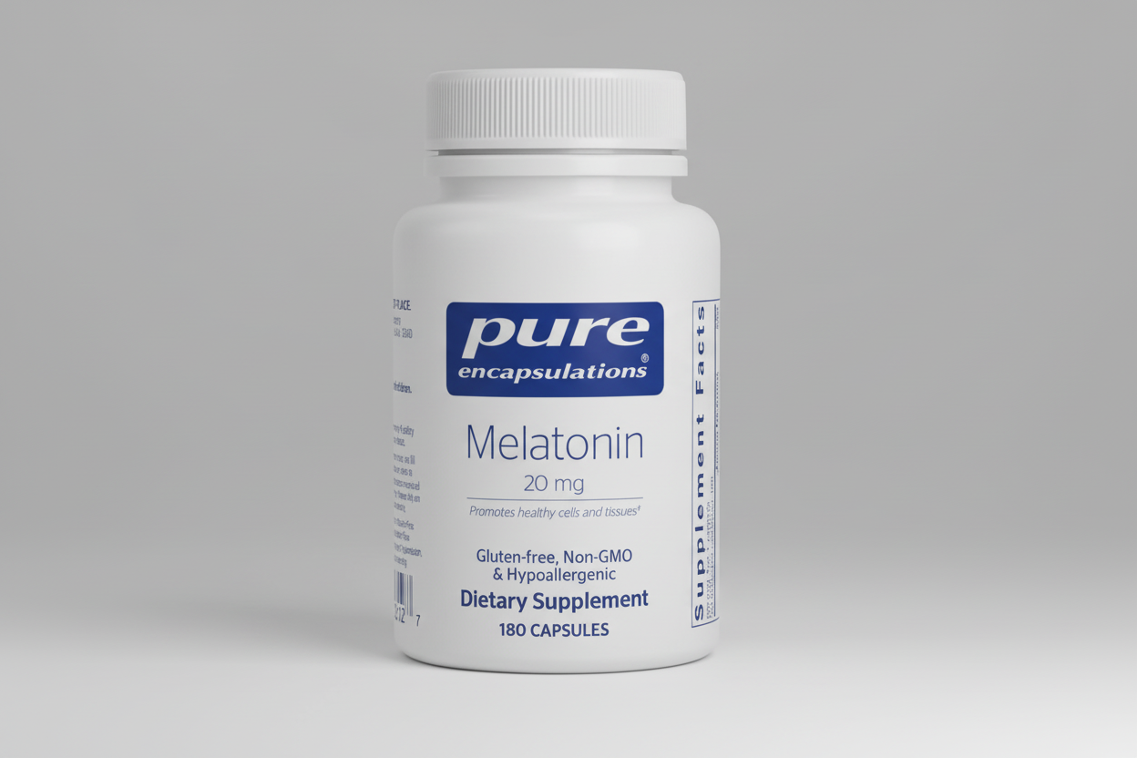 White bottle of pure encapsulations Melatonin 20 mg dietary supplement on a white background
