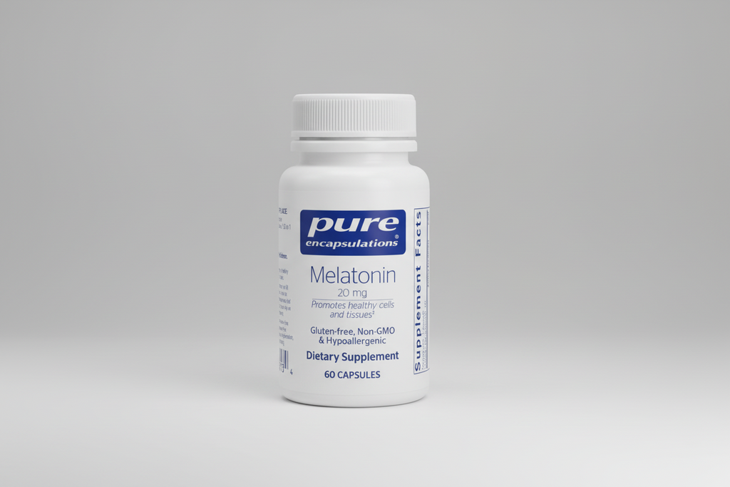 Bottle of pure encapsulations Melatonin supplement on a white background