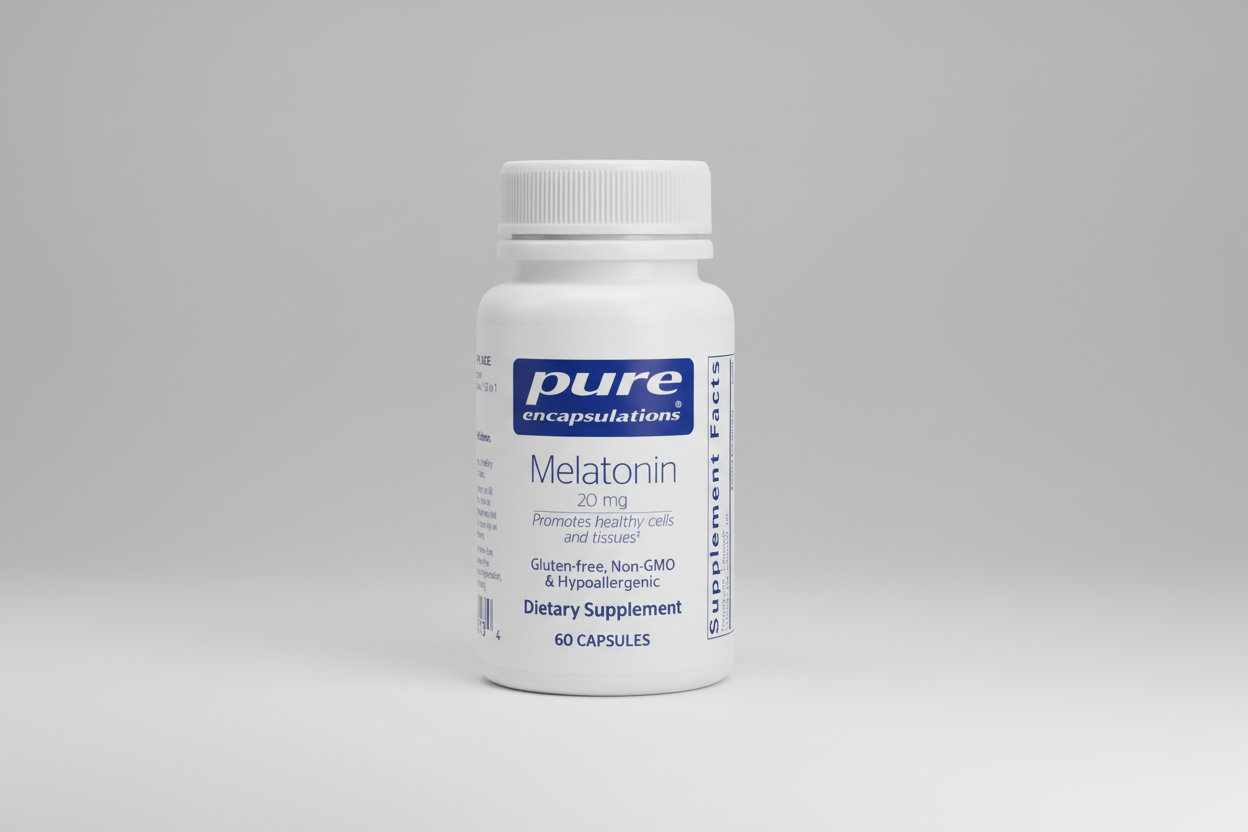 Bottle of pure encapsulations Melatonin supplement on a white background