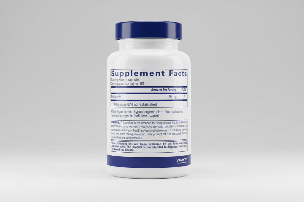 Supplement facts label for a melatonin product with serving size, servings per container, and ingredient list.