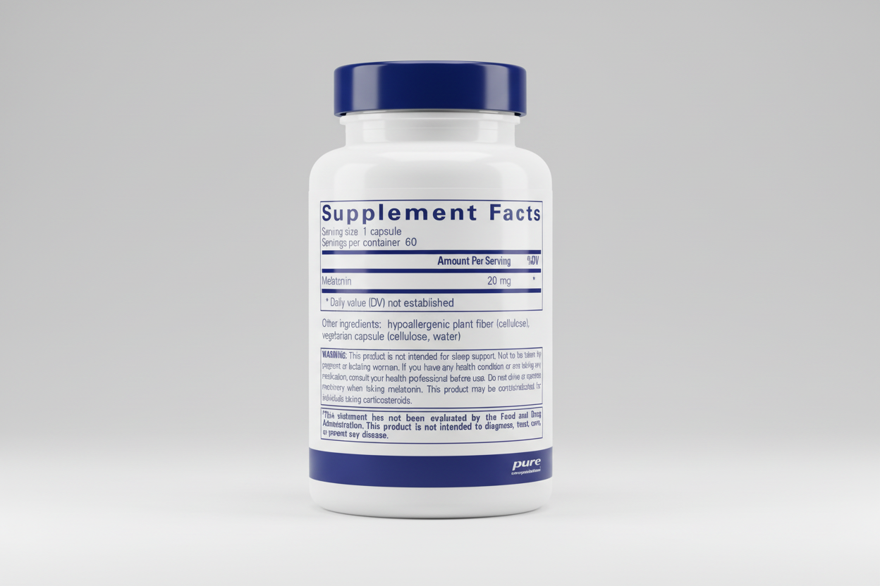 Supplement facts label for a melatonin product with serving size, servings per container, and ingredient list.