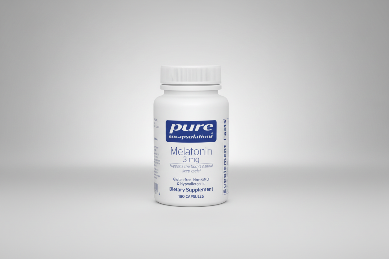 Bottle of pure encapsulations Melatonin 3 mg dietary supplement on a white background