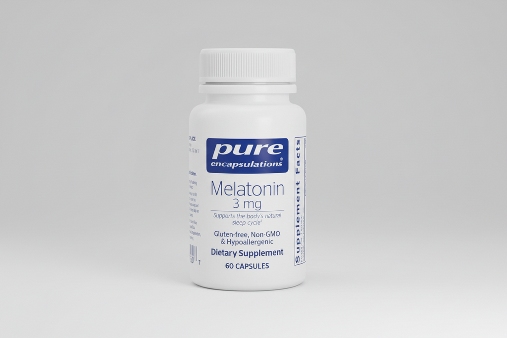 White bottle of pure encapsulations Melatonin 3 mg supplement on a white background