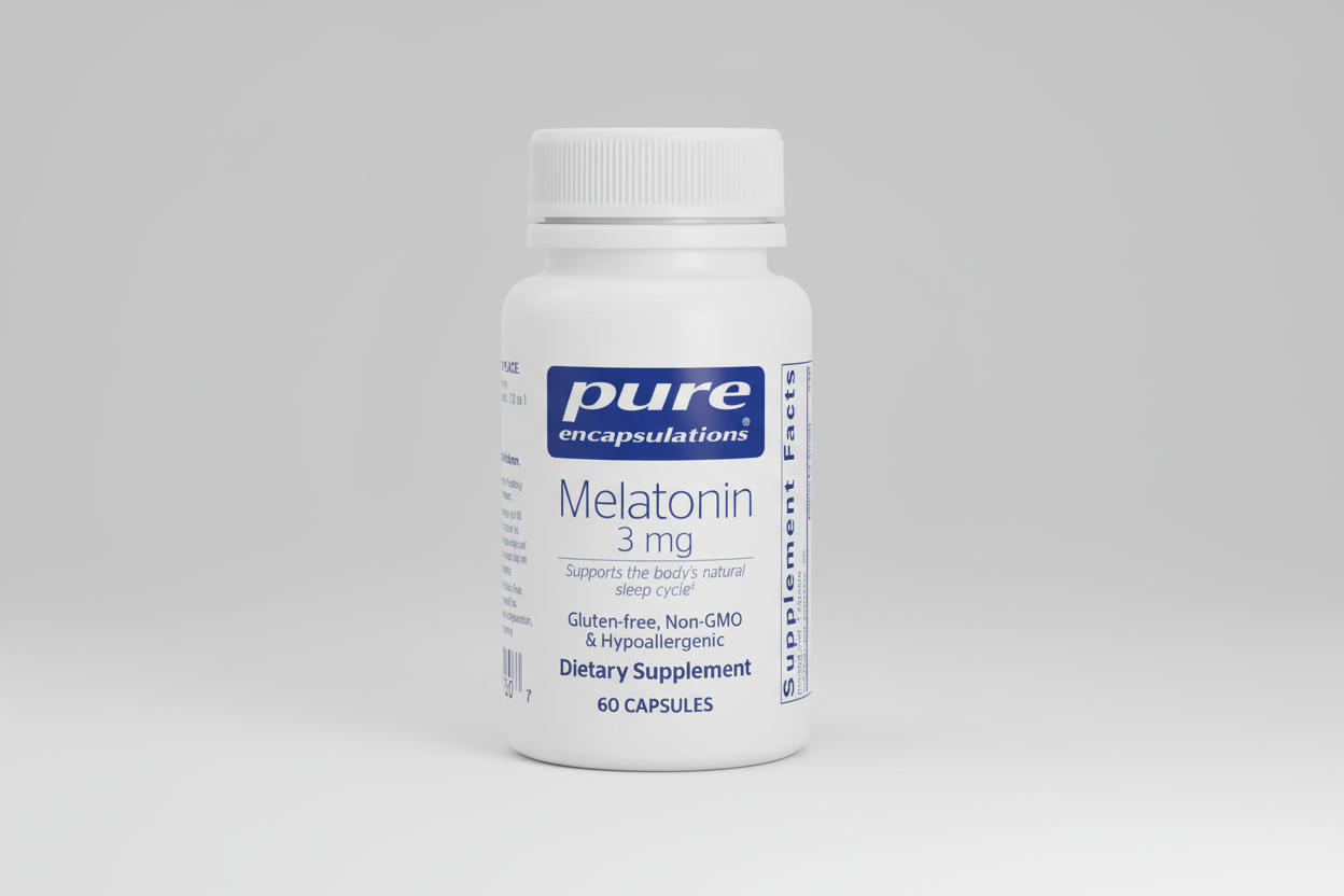 White bottle of pure encapsulations Melatonin 3 mg supplement on a white background
