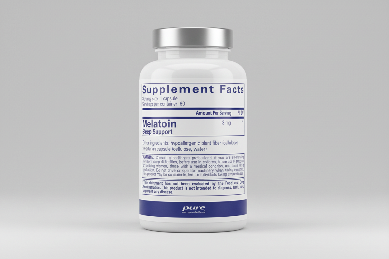 Supplement facts label for a melatonin capsule with serving size, servings per container, and ingredient list.